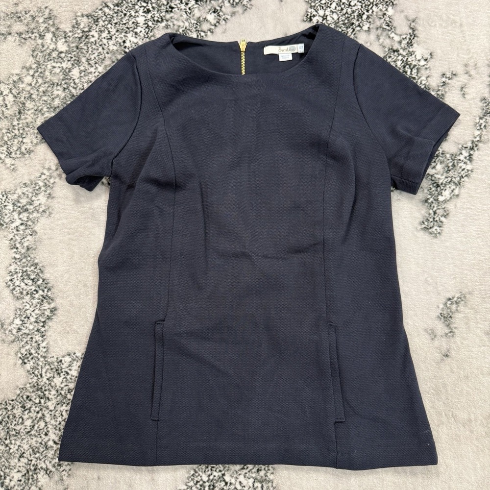 Boden Navy Textured Shift Top 6 Short Sleeve Pockets Gold Tip Accent Back Zip